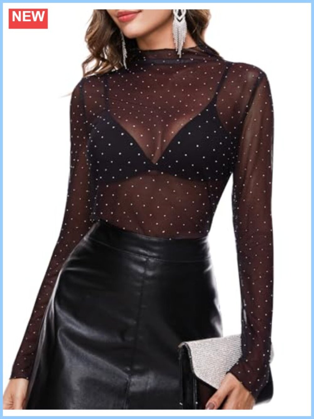 Sheer Mesh Layering Top Lace Glitter Shirt Mock Neck Long Sleeve Women